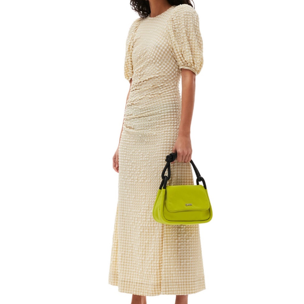 Ganni Cream Seersucker Gingham Puff Sleeves Dress, size 34